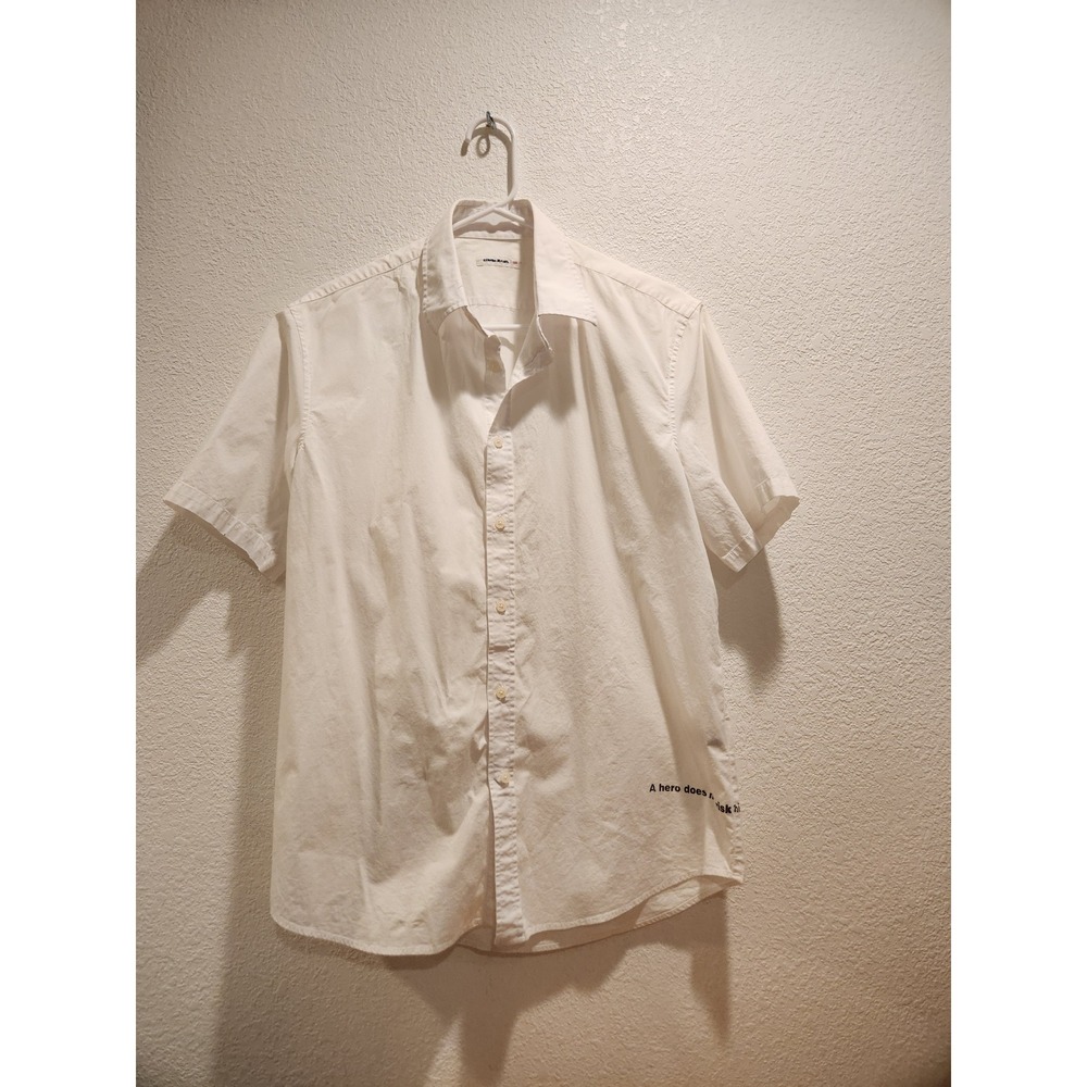 EDWIN Jeans White Short Sleeve Button Up Shirt Slogan Graphic‎ Sz 100 PTP 21